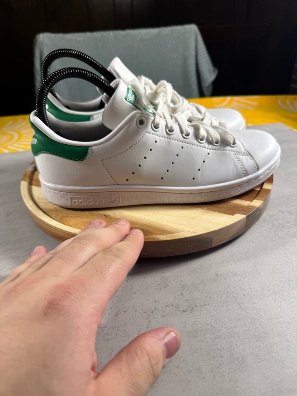 adidas White Leather Sneakers with Green Heel and Tongue Logo